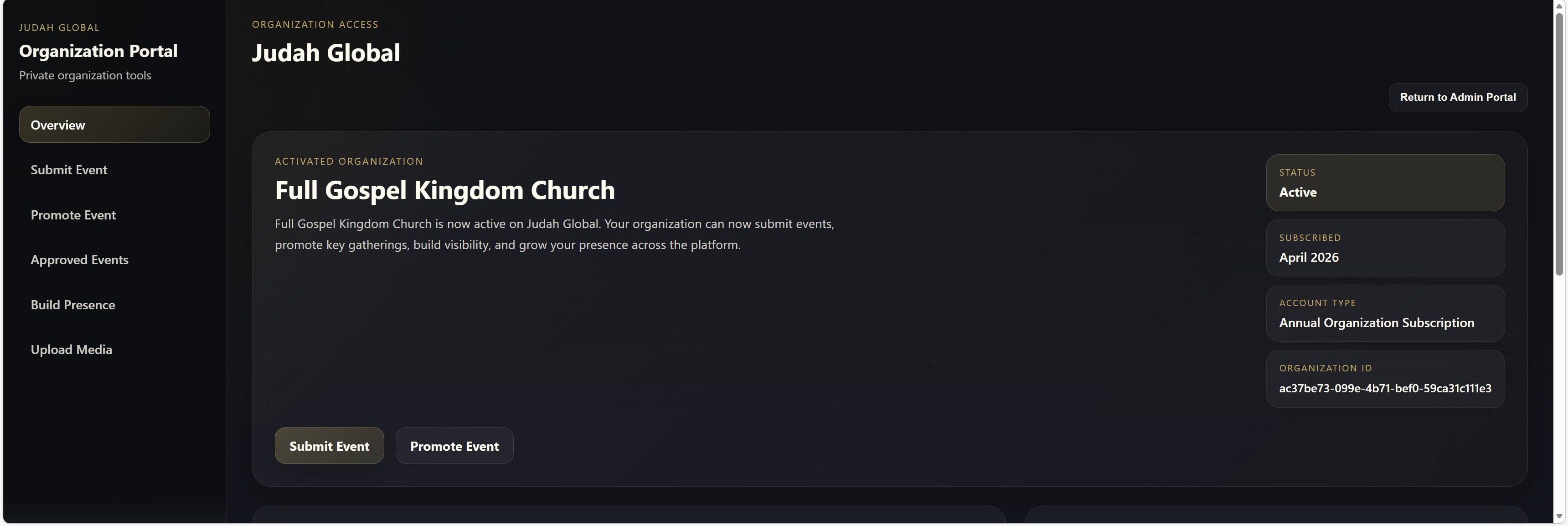 Judah Global organization dashboard